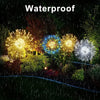 A night scene showing waterproof solar fireworks garden lights illuminating a garden area.