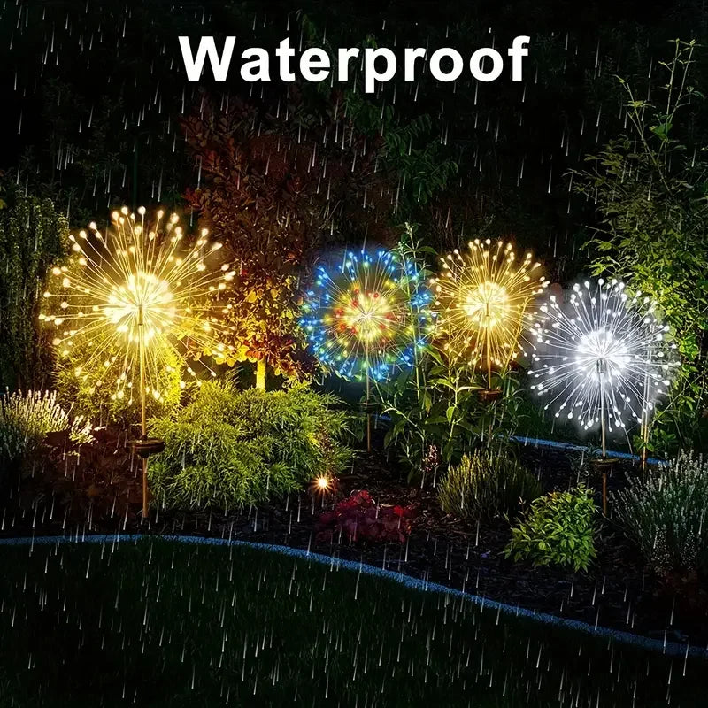 A night scene showing waterproof solar fireworks garden lights illuminating a garden area.