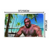 A muscular, shirtless man with a beard is shown against a tropical background on a banner.