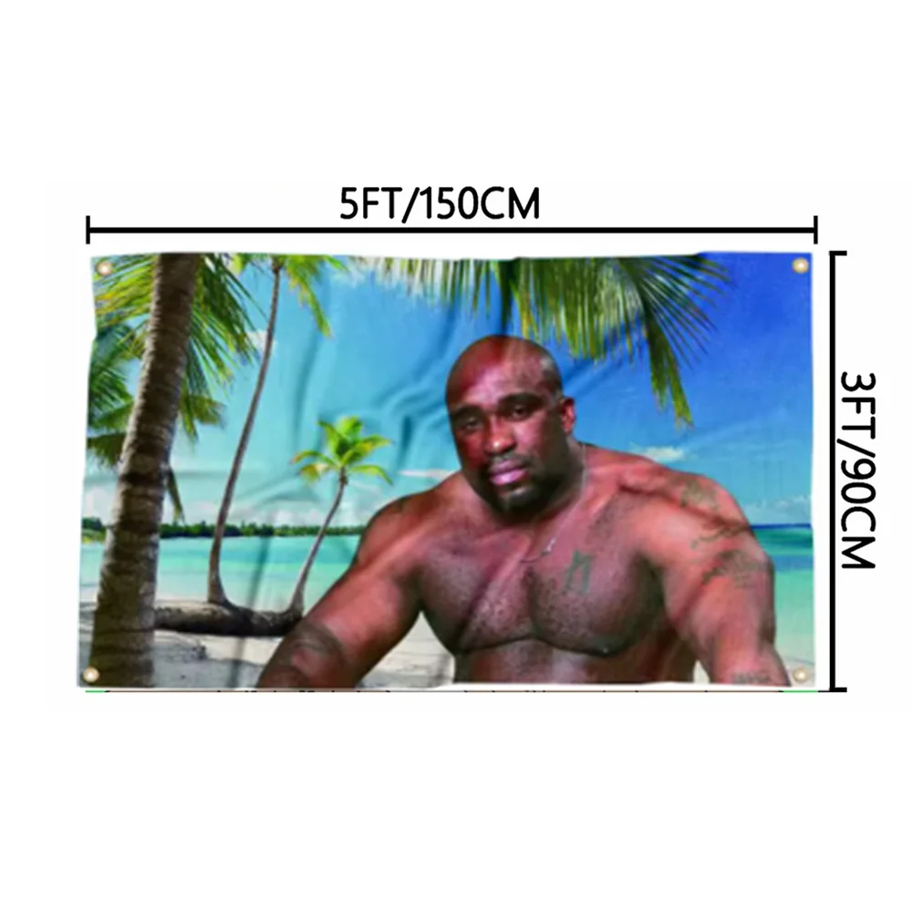 A muscular, shirtless man with a beard is shown against a tropical background on a banner.