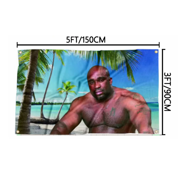 Un hombre musculoso y sin camisa con barba se muestra contra un fondo tropical en una pancarta.