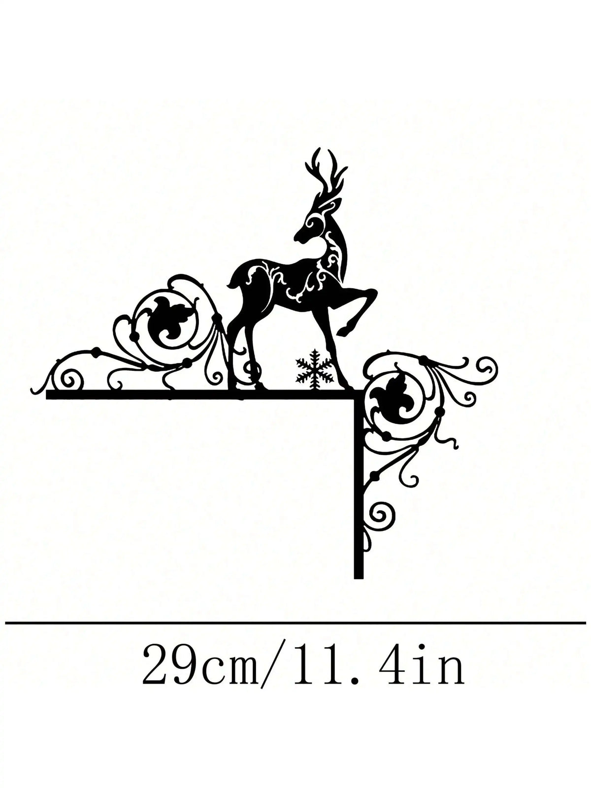 Black line art of a deer silhouette on a decorative metal wall shelf.