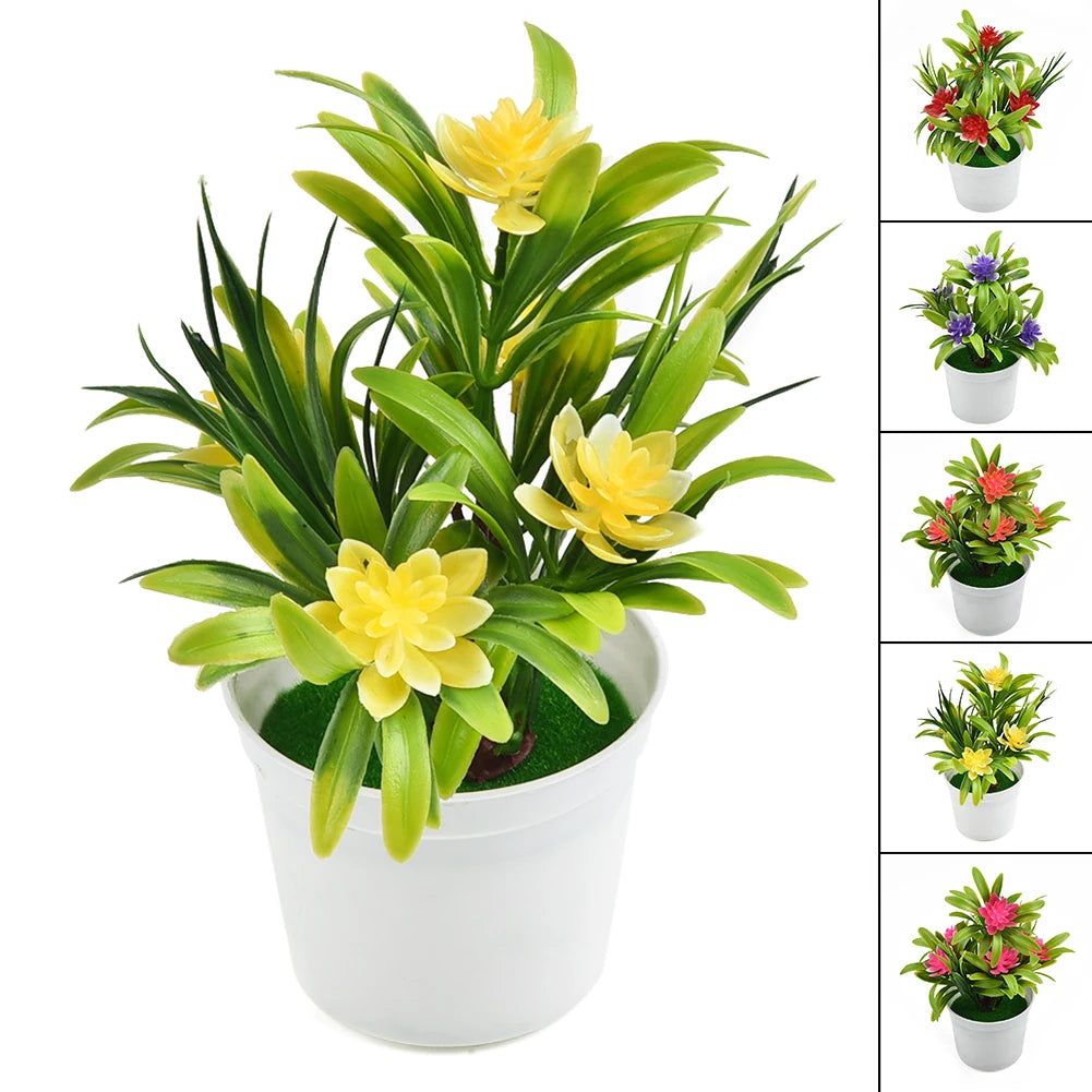 Artificial yellow lotus flowers in green leaves displayed in a white pot.