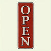 A vertical vintage metal street sign with the word OPEN written in white on a distressed red background.