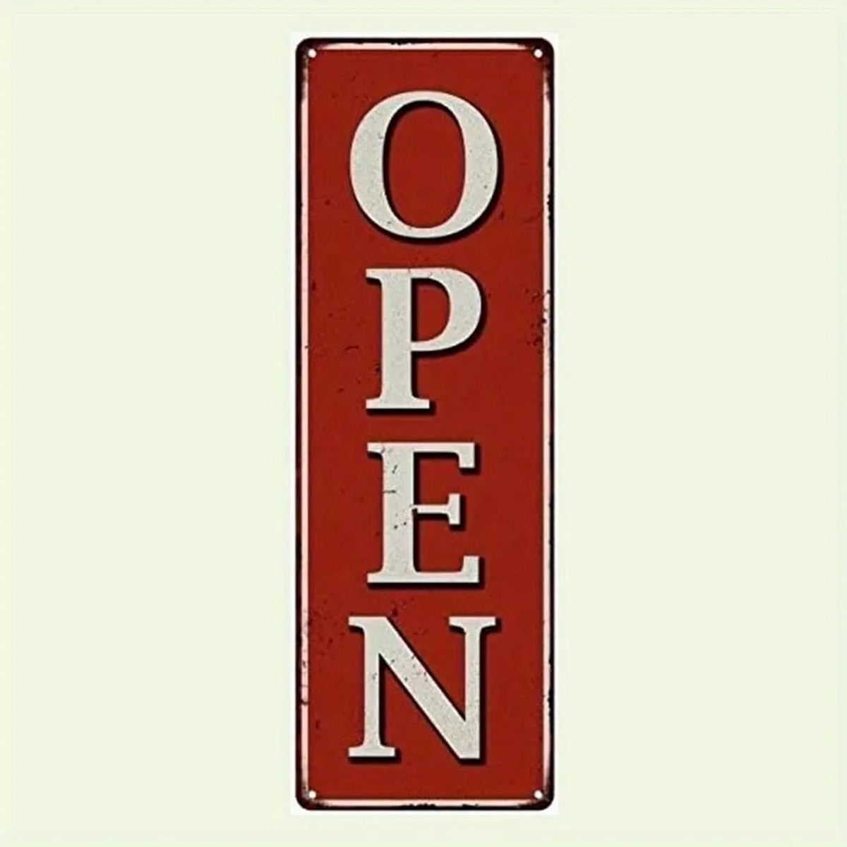 A vertical vintage metal street sign with the word OPEN written in white on a distressed red background.