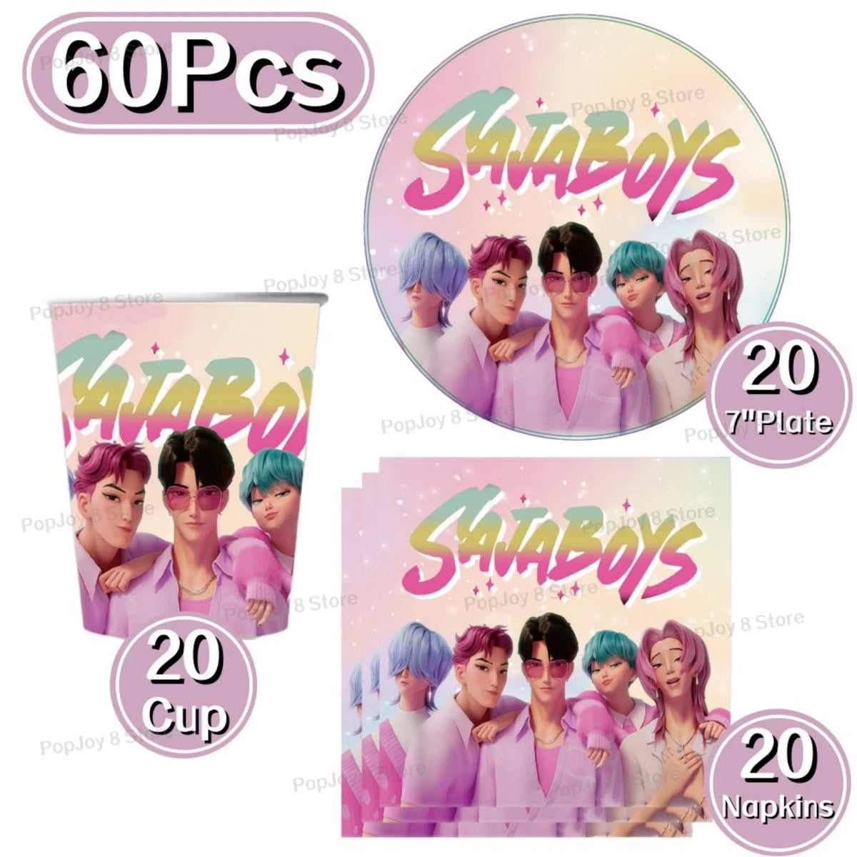 A set of 60 pieces of Sajaboys themed disposable party tableware including cups, plates, and napkins.