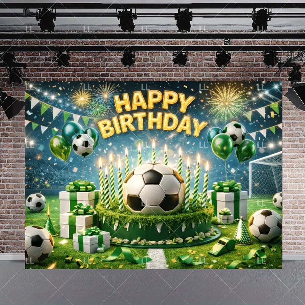 A festive soccer field backdrop for a birthday celebration featuring a large soccer ball surrounded by balloons and greenery.
