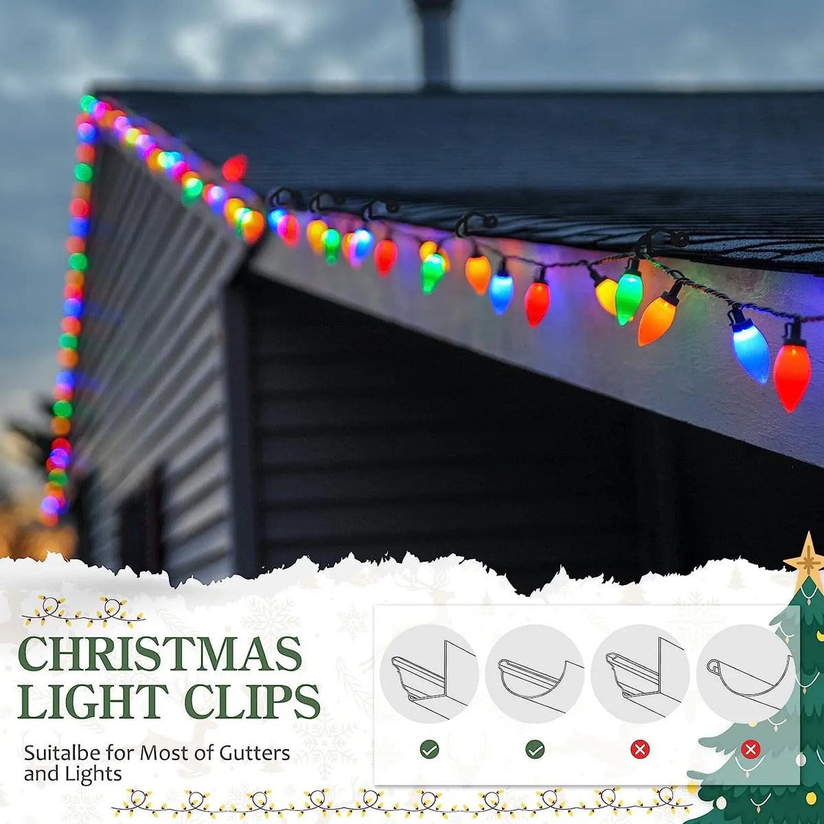 Christmas light clips strung along the edge of a roof gutter and down a siding.