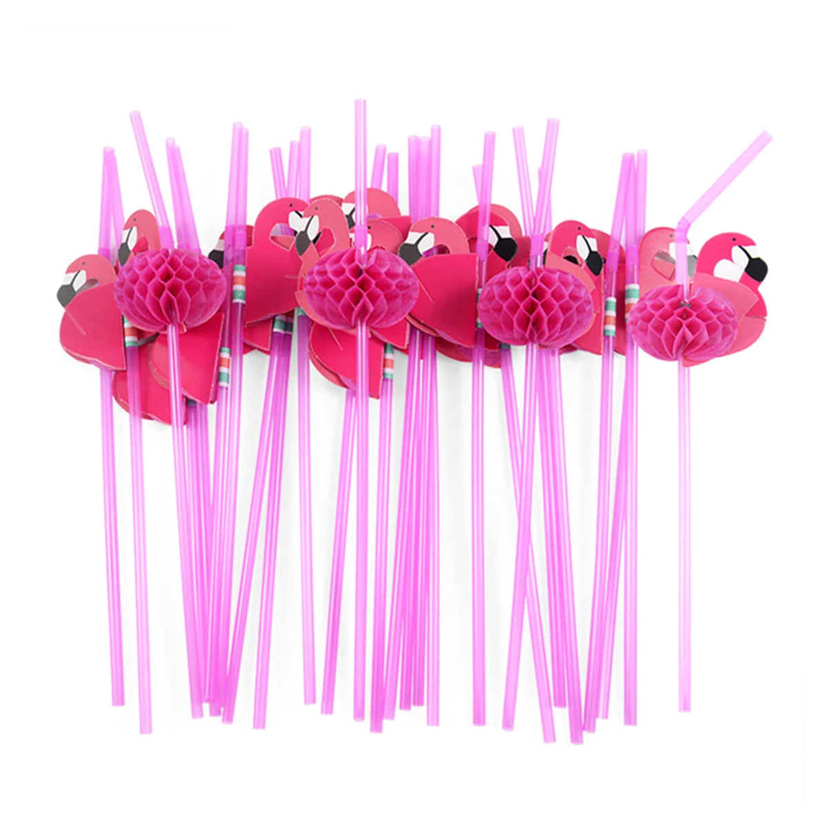 A pack of 50 pink paper straws shaped like flamingos and pineapples.