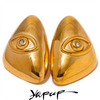 A pair of gold-colored geometric stud earrings shaped like eyes.