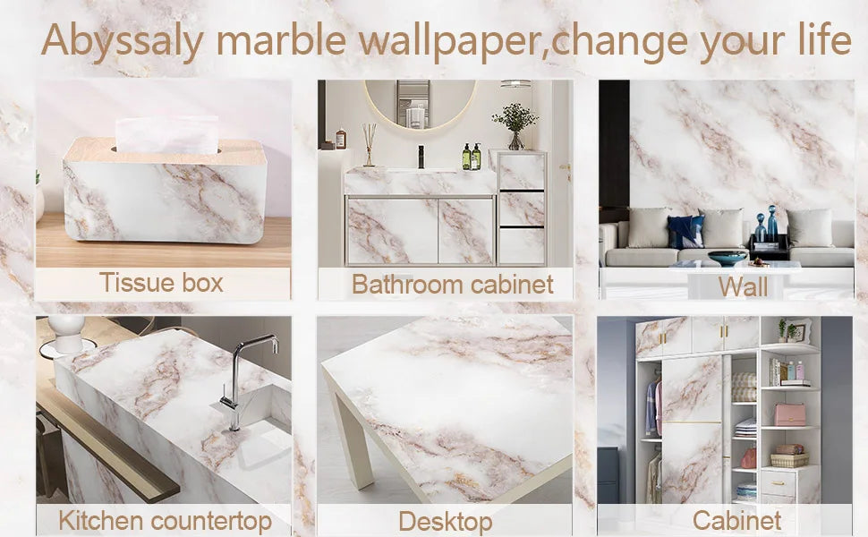 Varios papeles tapiz de vinilo de mármol y artículos decorativos, incluyendo una caja de pañuelos, gabinete de baño, encimera