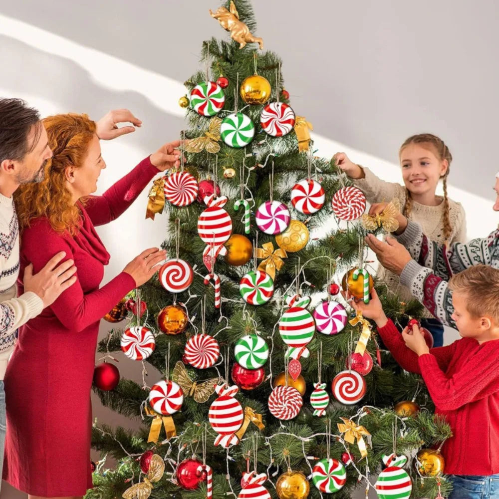 A family is decorating a Christmas tree with wooden candy cane hanging ornaments.