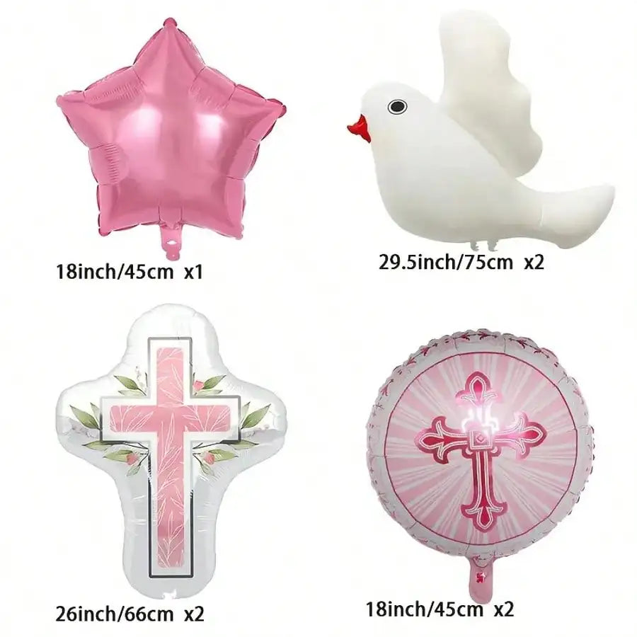 A set of pink and white foil balloons featuring cross and dove motifs for communion or baptism