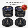A set of three dark candles featuring crystal stones and the High Priestess motif for divination.