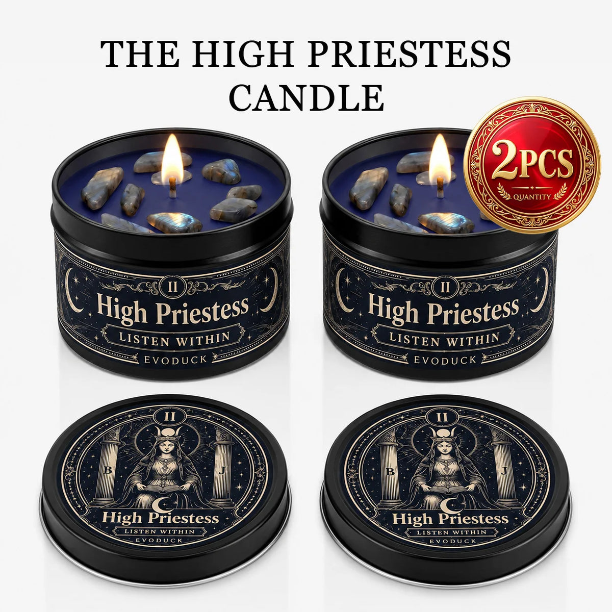 A set of three dark candles featuring crystal stones and the High Priestess motif for divination.