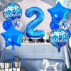 A set of navy and gold foil balloons, including a large number 2 and star shapes, for a birthday celebration.