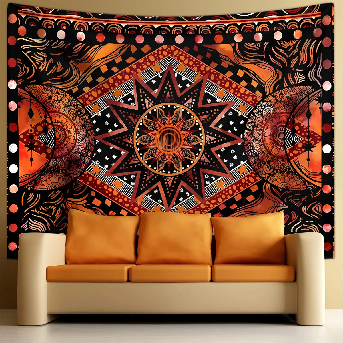 Bohemian sun and moon tapestry wall hanging featuring warm orange, black, and gold patterns.