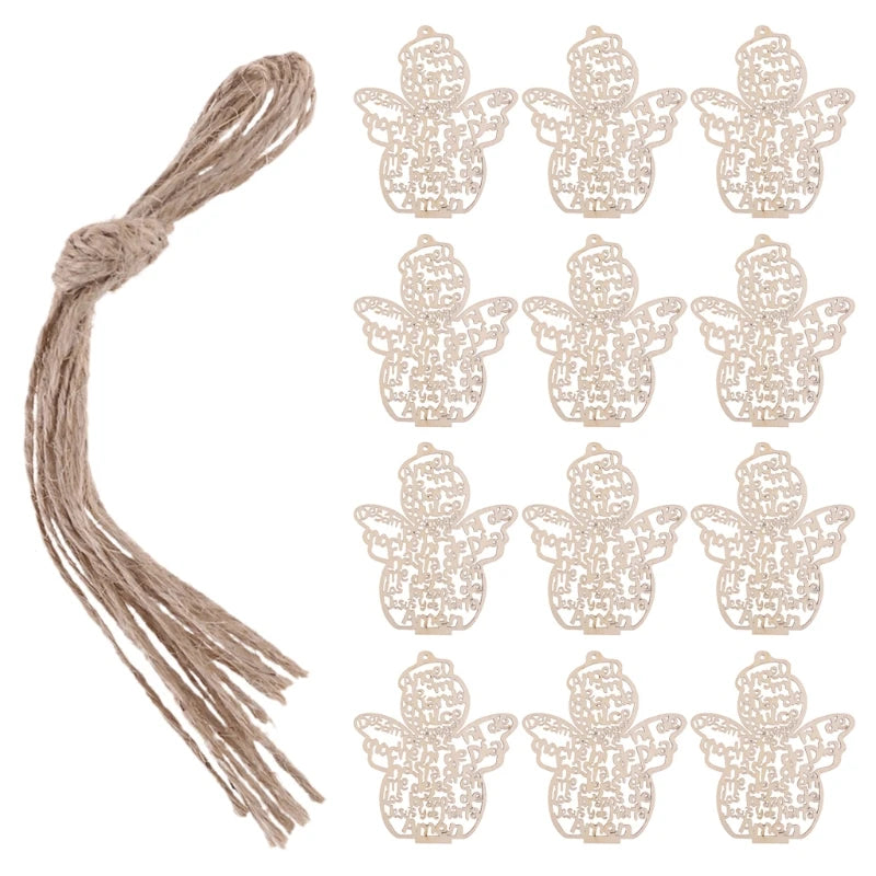 A set of twelve wooden angel ornaments with hemp rope, arranged in a grid.
