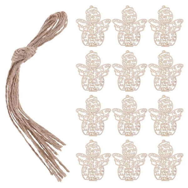 A set of twelve wooden angel ornaments with hemp rope, arranged in a grid.