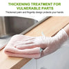 A hand wearing a pink disposable safety glove is protecting a wooden surface with a pink towel.