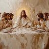 Peinture à l'huile de Jésus assis à une table avec ses disciples, illuminé par une lumière vive.