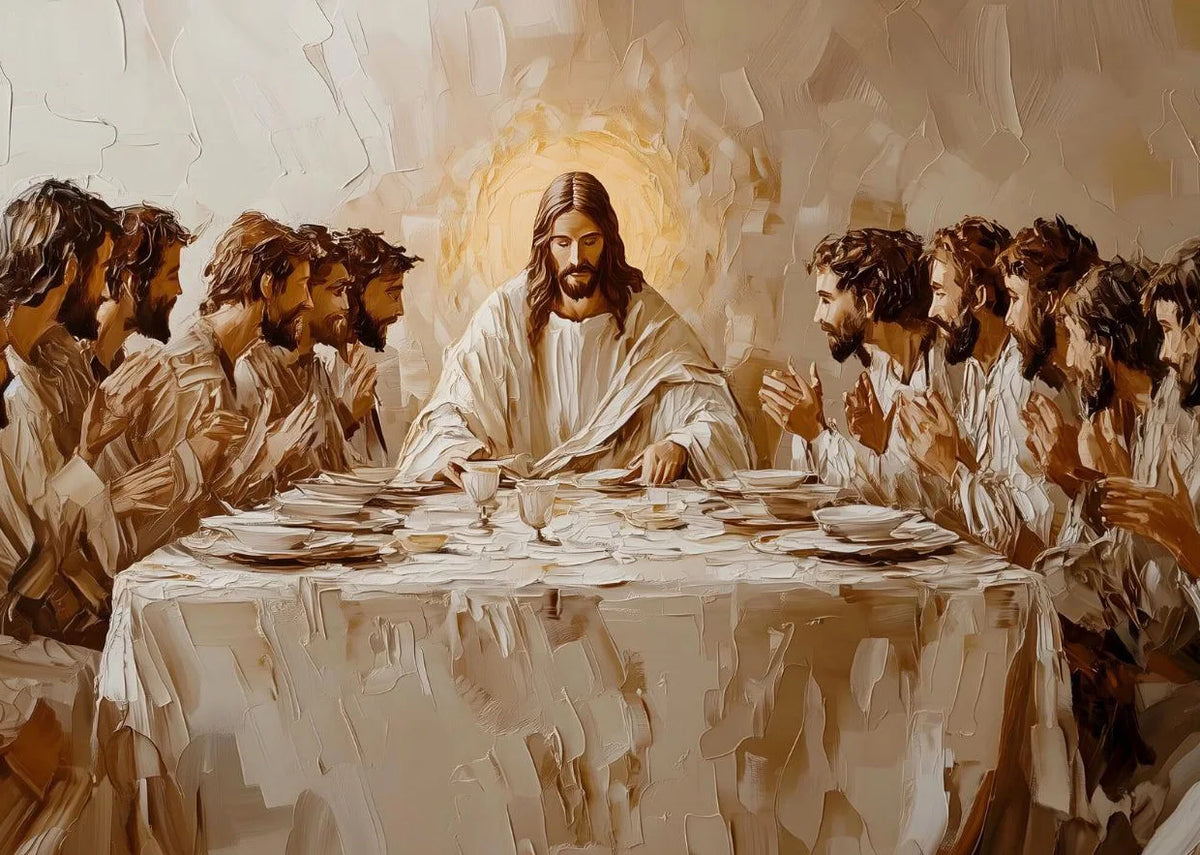 Peinture à l'huile de Jésus assis à une table avec ses disciples, illuminé par une lumière vive.