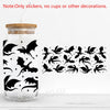 Black bat silhouette vinyl stickers displayed next to a glass jar on a white surface.