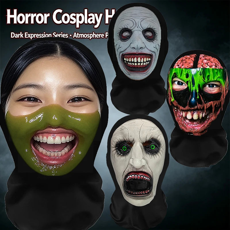 A collection of realistic horror cosplay masks featuring dark expressions, including a green mask on a woman's face and sever