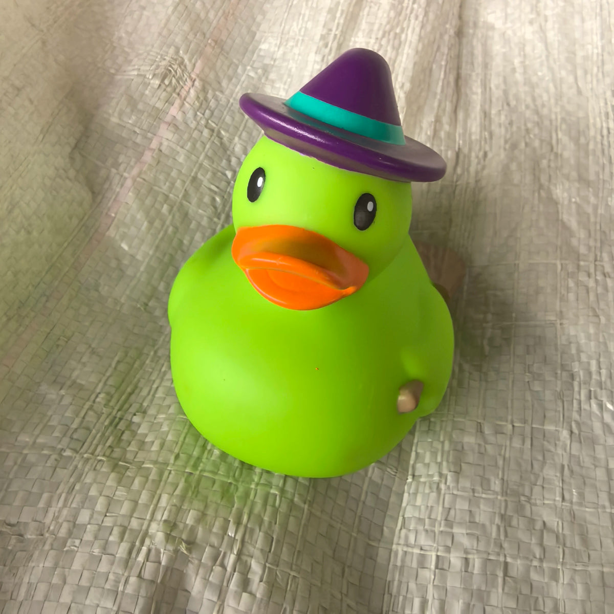 A bright green rubber duck bath toy wearing a purple hat and an orange beak.
