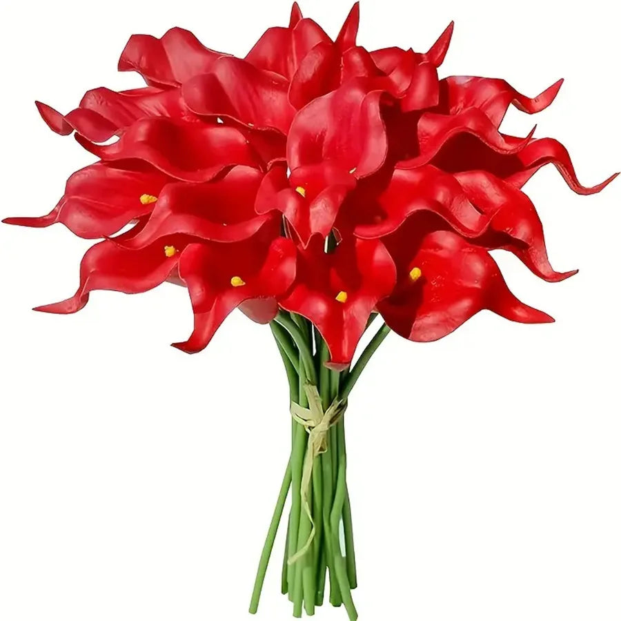 A vibrant bouquet of red calla lily flowers on green stems.