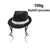 Black sparkly sequin disco hat with a white trim and attached tie and glove set