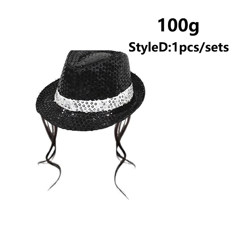 Black sparkly sequin disco hat with a white trim and attached tie and glove set