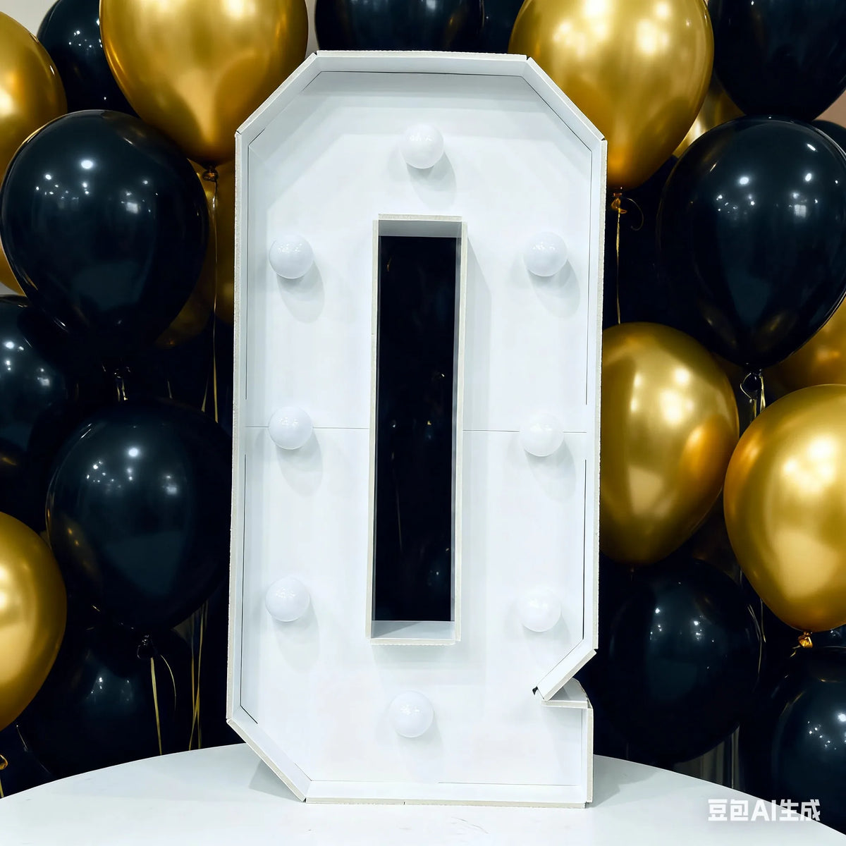 A white marquee light-up letter for party decor displayed against a backdrop of gold and black balloons.