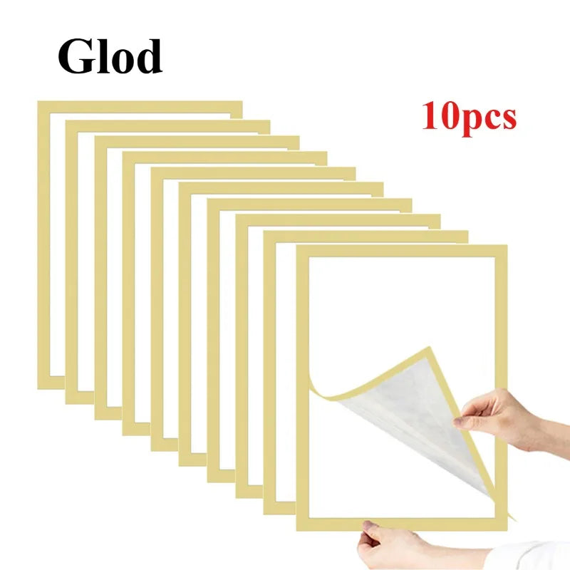 Ein Set von zehn goldfarbenen magnetischen Foto-Displayrahmen in einer Reihe angeordnet.