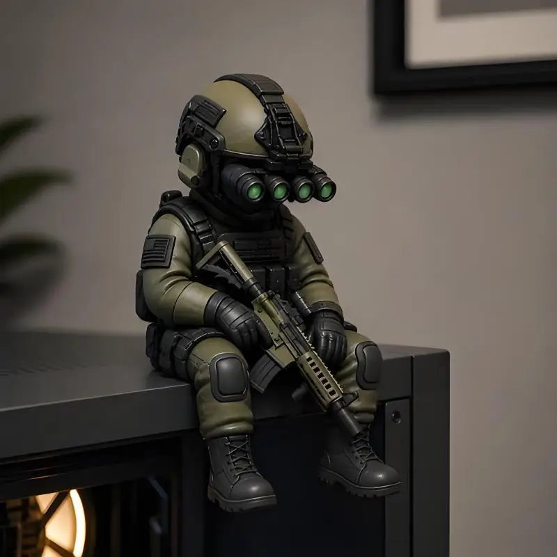 A detailed resin collectible statue of a tactical sniper soldier figurine in olive green armor.