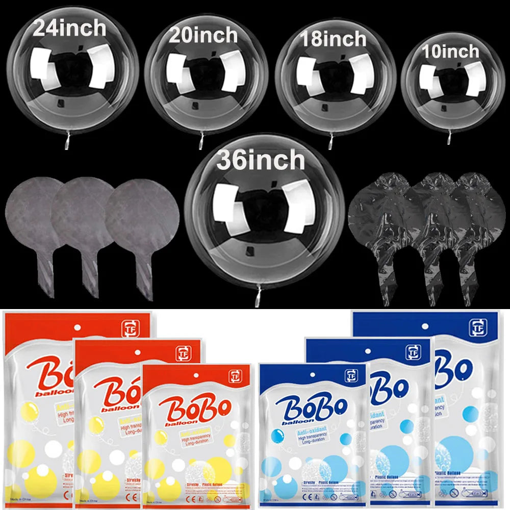 A collection of clear Bobo balloons in various sizes, including 24 inch, 20 inch, 18 inch, and 10 inch, shown alongside packa