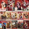 Vintage Nuka Cola metal wall signs featuring various characters and designs.