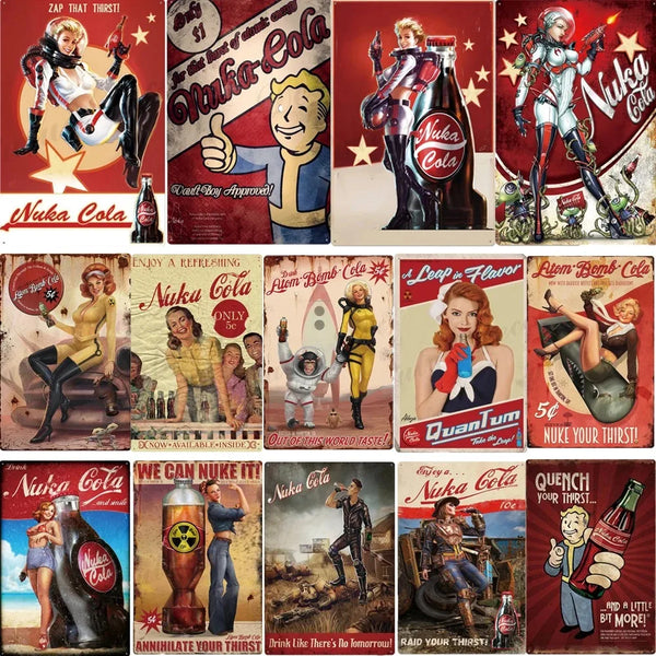 Carteles de pared metálicos vintage Nuka Cola con varios personajes y diseños.