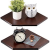 A set of two wall-mounted corner shelves featuring a natural wood display, including a potted plant and an owl figurine.