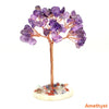 A natural crystal money tree decor featuring purple amethyst crystals on a copper wire stem and base.