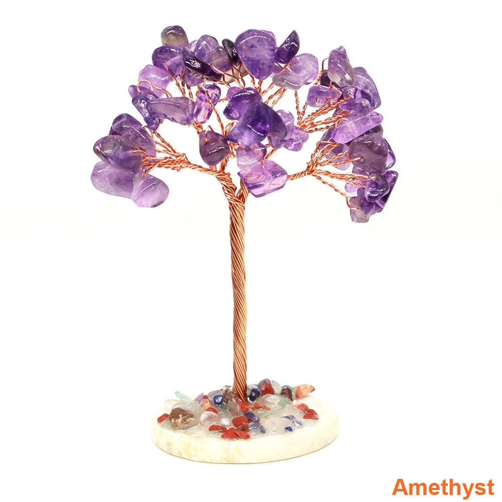 A natural crystal money tree decor featuring purple amethyst crystals on a copper wire stem and base.