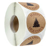 Roll of kraft paper thank you stickers with round labels featuring holiday and happy tree designs