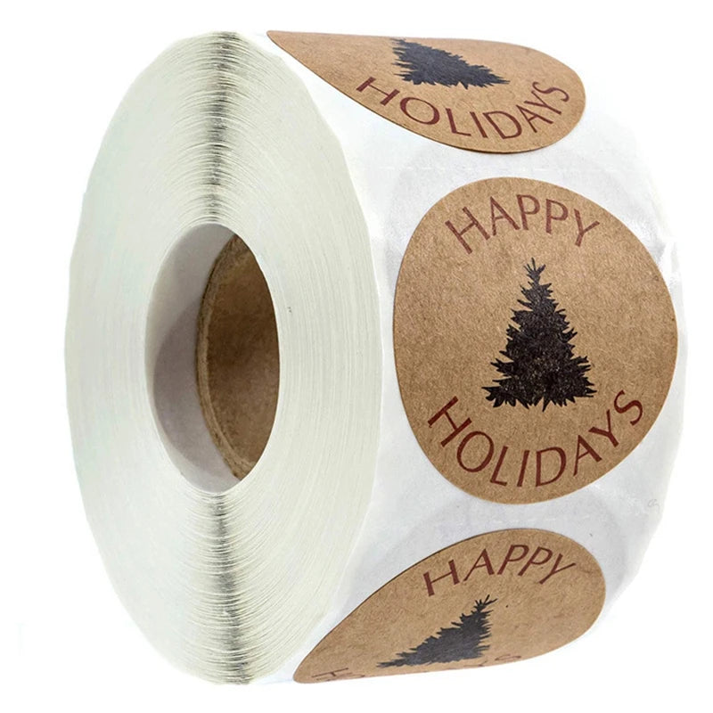 Roll of kraft paper thank you stickers with round labels featuring holiday and happy tree designs