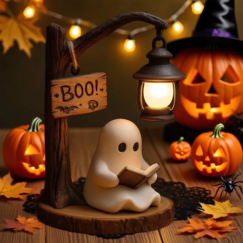 A white ghost figurine reading a book sits next to a wooden archway with a hanging lantern, set against an autumn background.