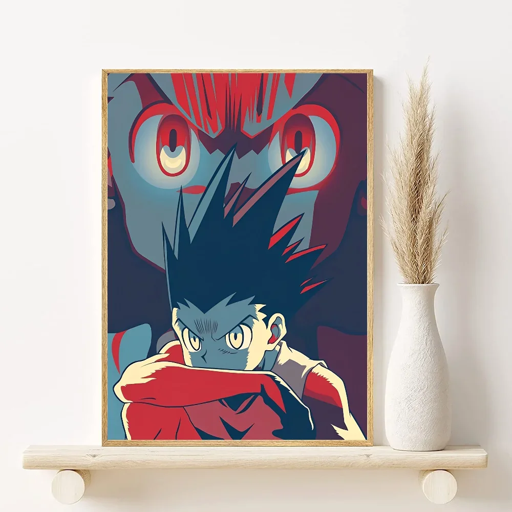 Canvas wall art featuring Hunter x Hunter characters Gon, Killua, and Hisoka in a dramatic illustration.