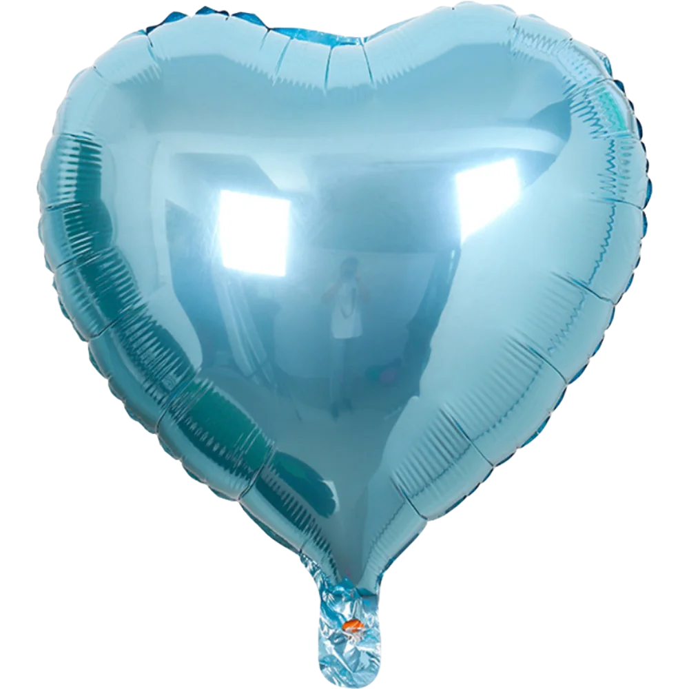 A light blue heart-shaped foil balloon filled with air, featuring a star design.