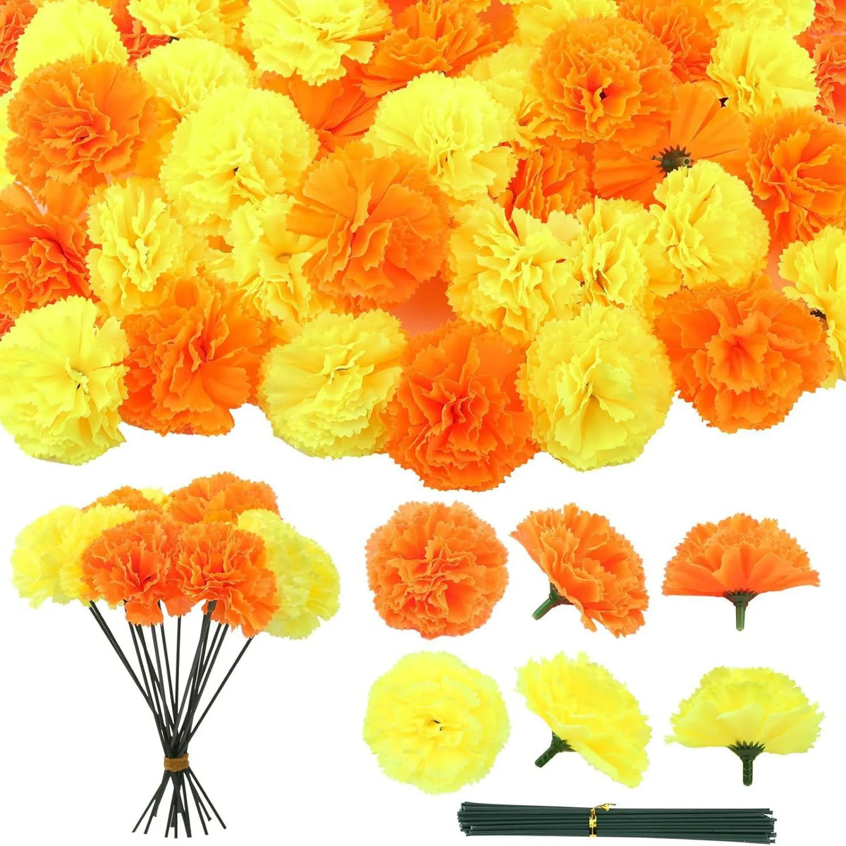 A pile of bright orange and yellow silk marigold flowers for seasonal decoration.