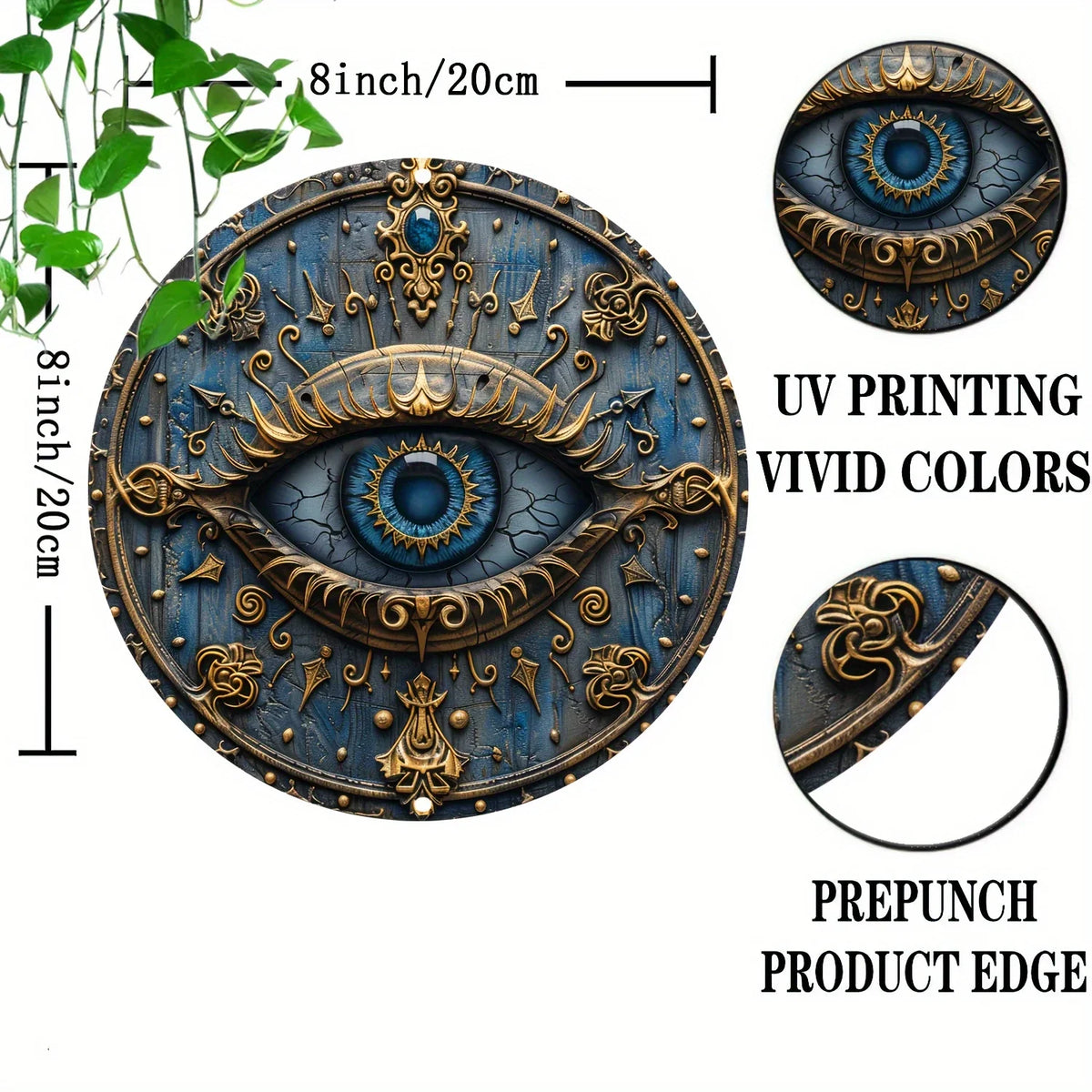 A circular metal wall art decoration depicting an ancient Egyptian all-seeing eye with intricate gold detailing and blue iris