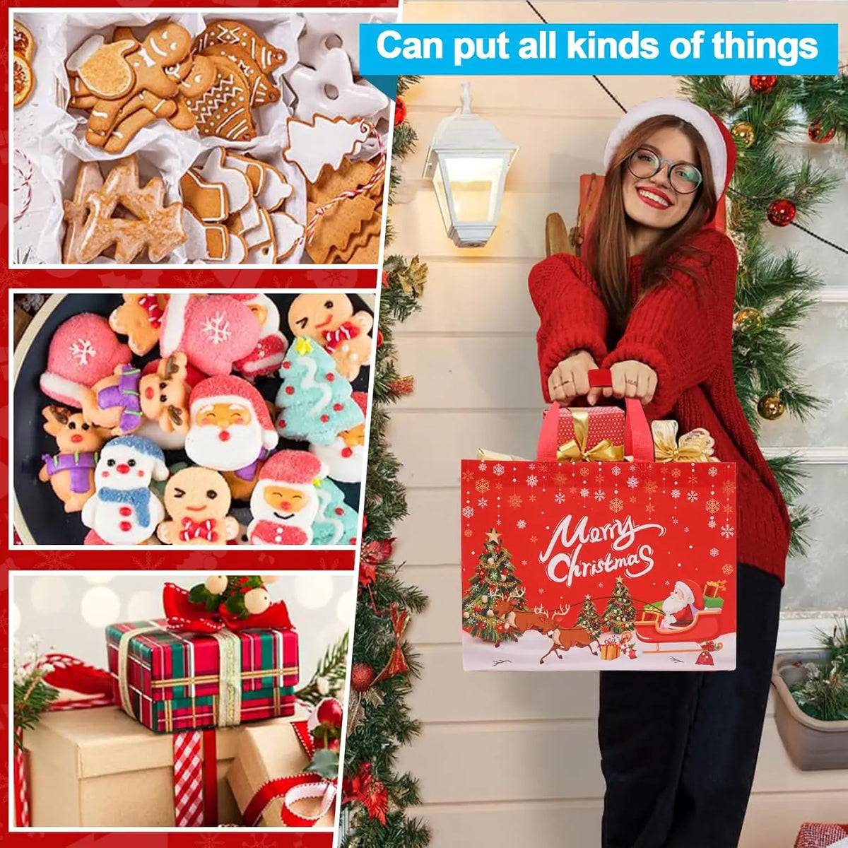 A woman holds a red knitted sweater and a festive gift bag with a Christmas theme.