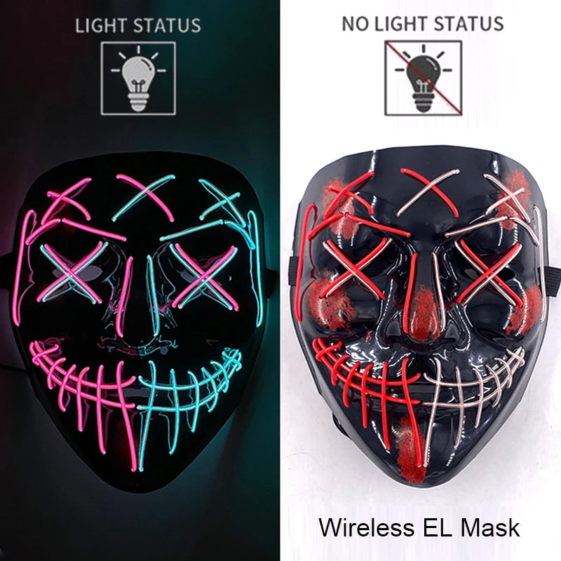A black glowing LED mask featuring multiple light modes, including a bright illuminated face and a version with no light stat